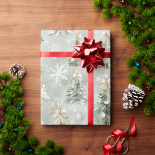 Papel De Presente Árvores de Natal Verde Creme Flocos de Neve