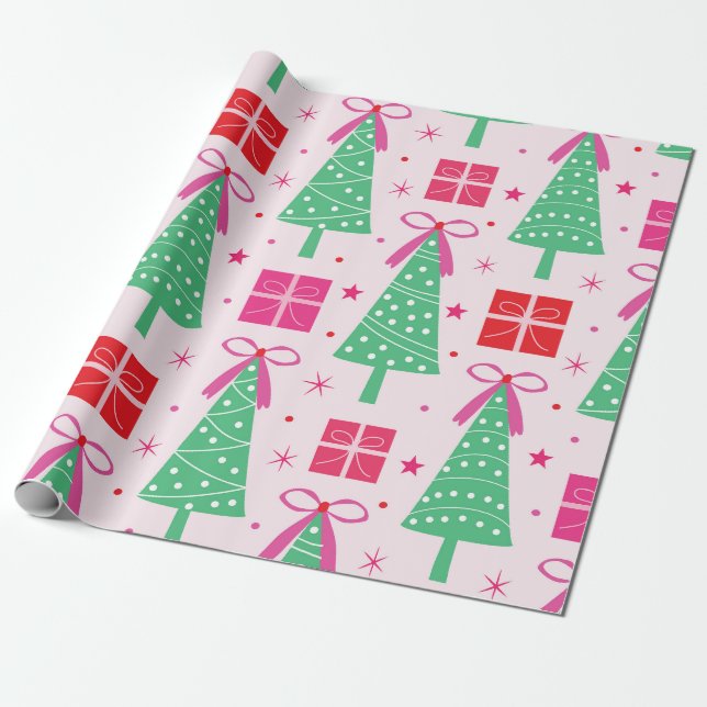 Papel De Presente Árvores de Natal Verdes com Laços Rosa e Caixa de  (Desenrolado)