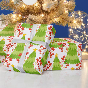 Papel De Presente Árvores de Natal Verdes e Cerejas Vermelhas