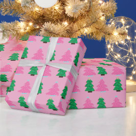 Papel De Presente Árvores de Natal Verdes e Rosas