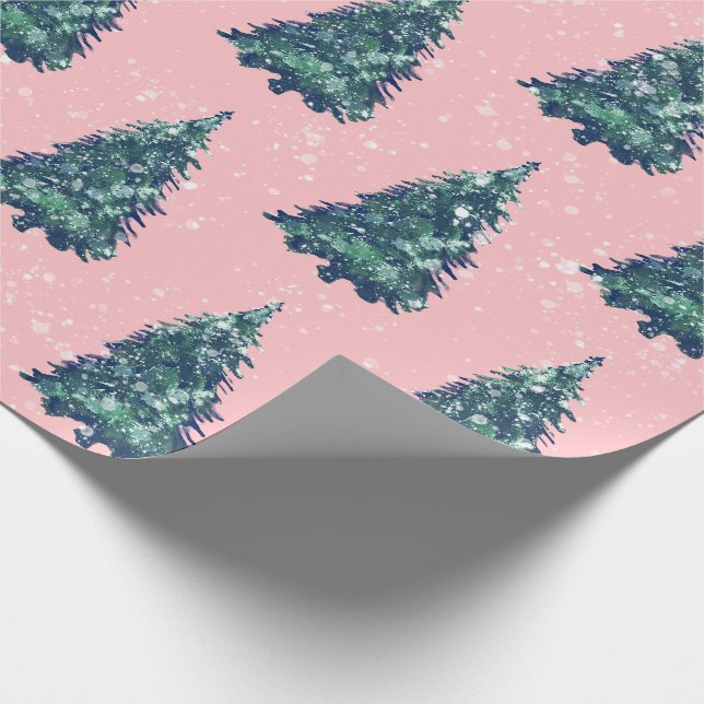 Papel De Presente Árvores de Natal Verdes e Simples Modernas, Rosa (Ponta)