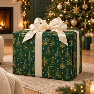 Papel De Presente Árvores de Natal Verdes Esmeralda & Douradas para