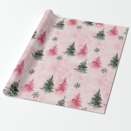 Papel De Presente Árvores de Natal Verdes Rosa