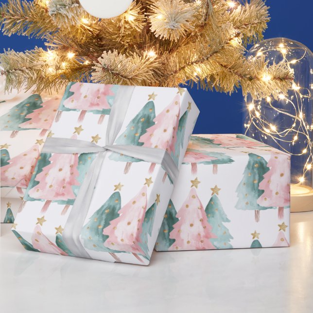 Papel De Presente Árvores de Natal Verdes Rosa, Douradas Estrelas (Feriados)