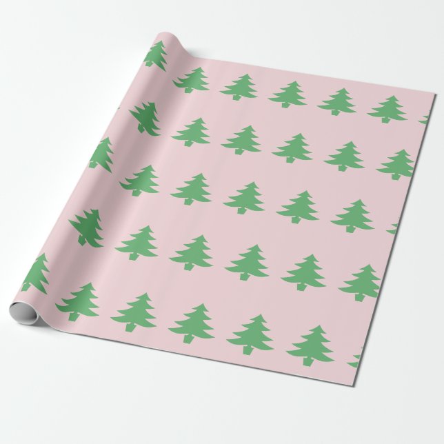 Papel De Presente Árvores de Natal Verdes Whimsical no Natal Rosa (Desenrolado)