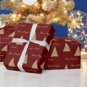 Papel De Presente Árvores de Natal Vermelhas Douradas Brilhantes   