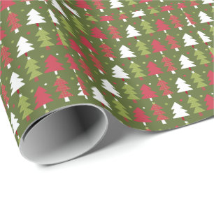 Papel De Presente Árvores de Natal Vermelho, Branco e Verde