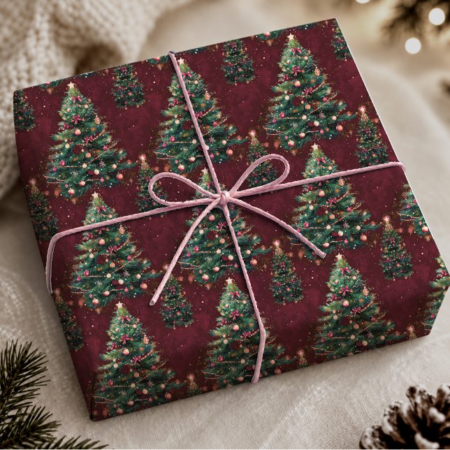 Papel De Presente Árvores de Natal Vermelho Escuro Fofas e Sedutoras (Criador carregado)