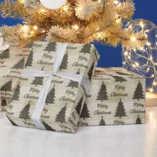 Papel De Presente Árvores de Natal Xadrez Búfalo Verde Bege Rústico