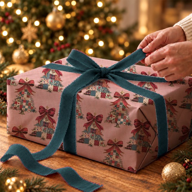 Papel De Presente Árvores de Natal Xadrez Patchwork Fofa e Sedutora (Criador carregado)