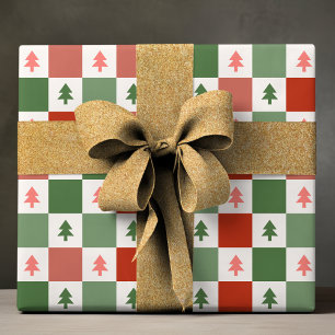 Papel De Presente Árvores de Natal Xadrez Vermelho e Verde Modernas