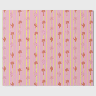 Papel De Presente Árvores de Palma e Cactus Retro em Listras Amarela