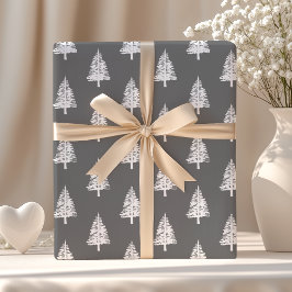 Papel De Presente Árvores de Pinheiro Cinza e Branco Natal