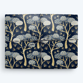 Papel De Presente Árvores de pinheiro com Deco de Arte Azul e Dourad
