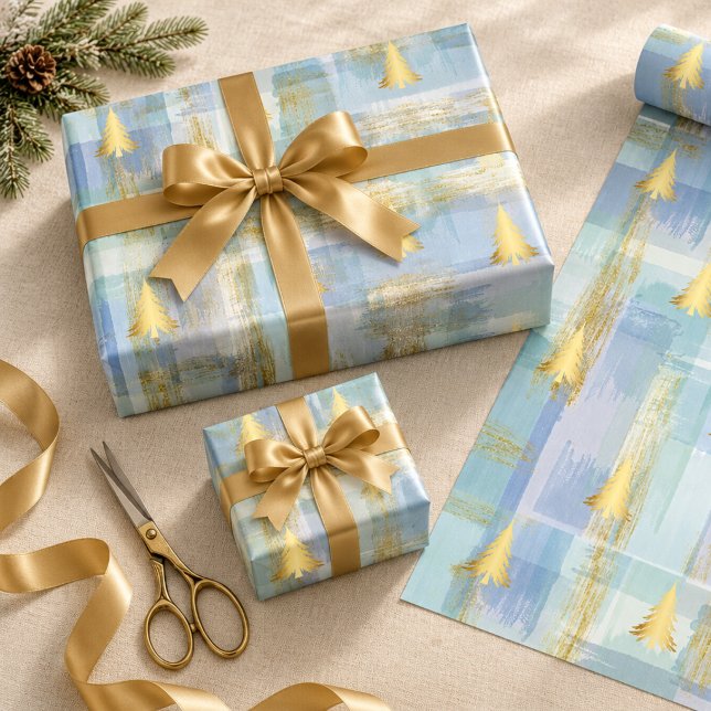 Papel De Presente Árvores de Pinheiro Douradas de Natal & Xadrez de  (Criador carregado)
