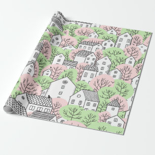 Papel De Presente Árvores e casas com padrão uniforme. Primavera e