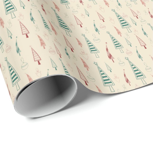 Papel De Presente Árvores e Enfeites Natal Retro Cristão (Ponta do rolo)