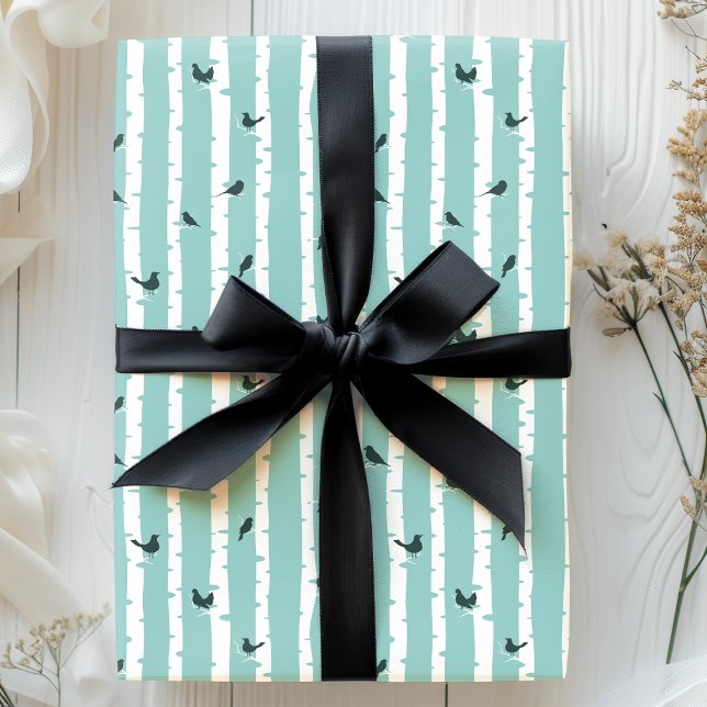 Papel De Presente Árvores e Pássaros Azul Chic Belas Bétulas (Criador carregado)