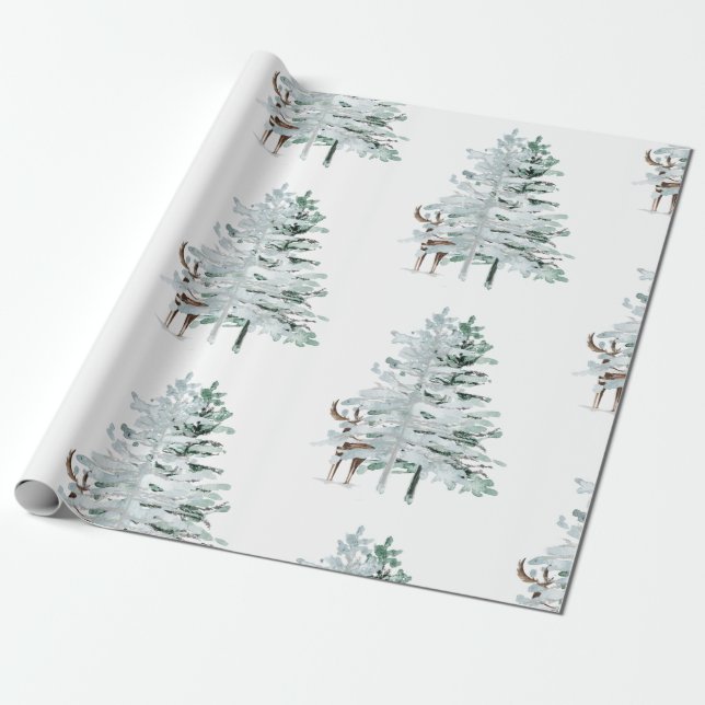 Papel De Presente Árvores e veados de madeira de inverno (Desenrolado)