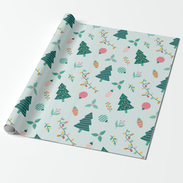 Papel De Presente Árvores Festivas, Ornamentos e Ramos (Desenrolado)