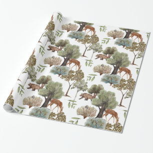 Papel De Presente Árvores Florestais Veados Ursos Pássaros