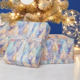 Papel De Presente Árvores Modernas de Natal Azul Verde Branco Dourad