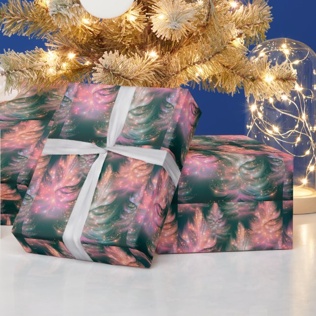 Papel De Presente Árvores Modernas de Natal Verde Rosa Roxo Branco (Feriados)