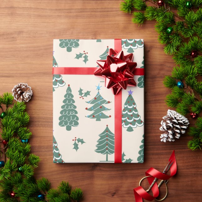 Papel De Presente Árvores natais vintages (Presente de Natal)
