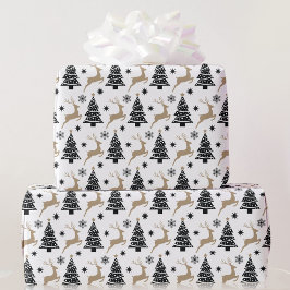 Papel De Presente Árvores Negras de Natal Brancas Saltando no Tamanh