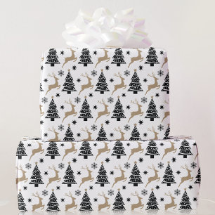 Papel De Presente Árvores Negras de Natal Brancas Saltando no Tamanh