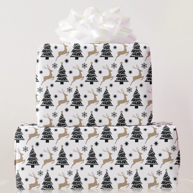 Papel De Presente Árvores Negras de Natal Brancas Saltando no Tamanh (Criador carregado)