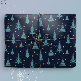 Papel De Presente Árvores Nórdicas de Natal Teal Escuras