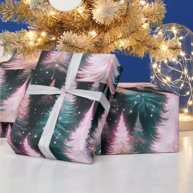 Papel De Presente Árvores Rosa e Verde Natal Moderno (Feriados)