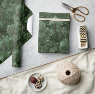 Papel De Presente Árvores Verdes Estrelas Douradas Aniversário Capri