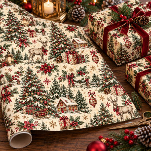 Papel De Presente Árvores verdes florestais de Natal antigo vintage