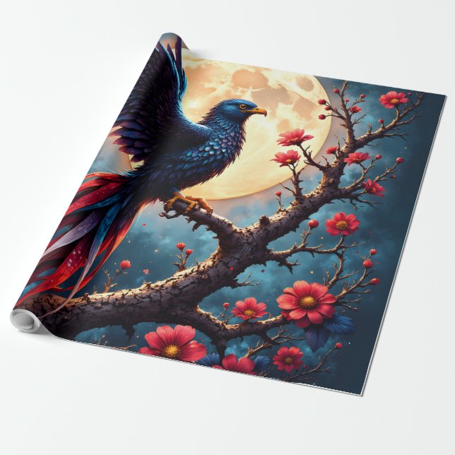 Papel De Presente Asa Crepuscular Carmesim – Ave de Fantasia Mística (Desenrolado)
