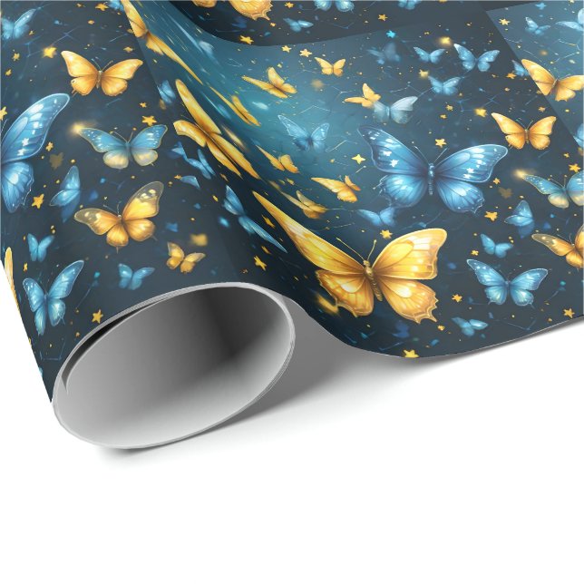 Papel De Presente Asas de alegria: Borboletas voadoras azuis e amare (Ponta do rolo)