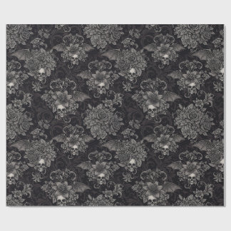 Papel De Presente Asas Góticas de Crânios Damask Floral Escuro