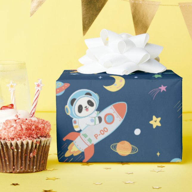 Papel De Presente Astronauta azul e laranja Panda (Festa de aniversário)