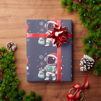 Papel De Presente Astronauta Bonita Com Chapéu De Natal Em Galáxia