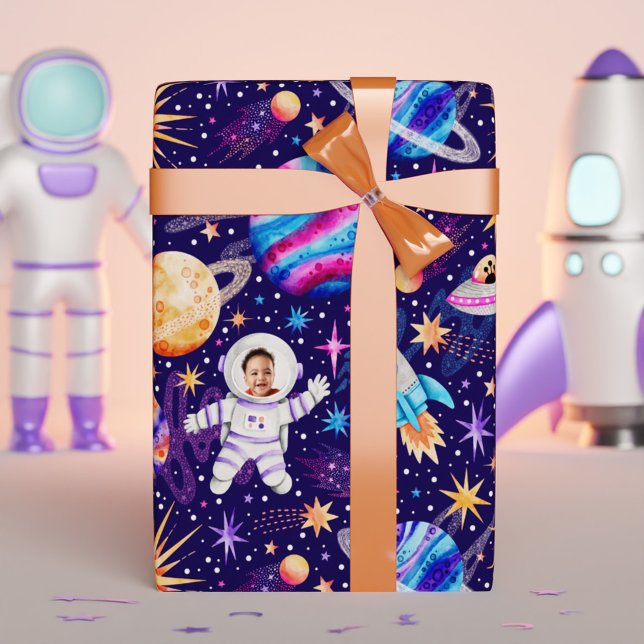 Papel De Presente Astronauta Foguetes e Planetas Externos Foto (Astronaut Outer Space Rockets & Planets Photo Wrapping Paper)
