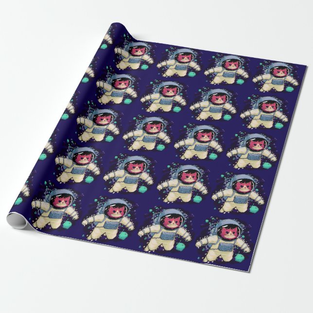 Papel De Presente Astronauta Gato Colorido (Desenrolado)