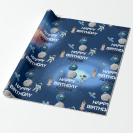Papel De Presente Astronauta no Espaço Galáxia Tema Nome de Aniversá
