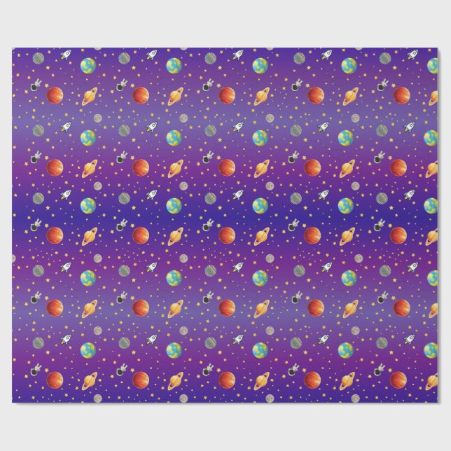 Papel De Presente Astronauta Temático Espacial, Nave Espacial e Plan (Aberto)