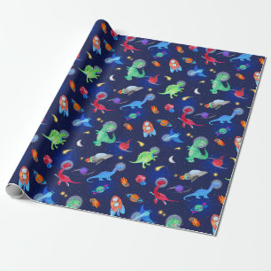 Papel De Presente Astronautas Dinossauros Aquarela No Espaço Azul
