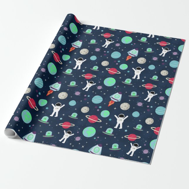 Papel De Presente Astronautas Planetas Foguetes e Alienígenas (Desenrolado)