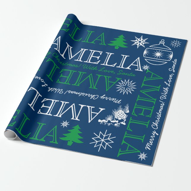 Papel De Presente Até 6 letras Nome ou Texto de Natal Verde Azul (Desenrolado)
