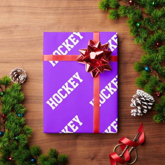 Papel De Presente Athletic Slant Branco Texto HOCKEY Em Roxo Brilhan (Presente de Natal)