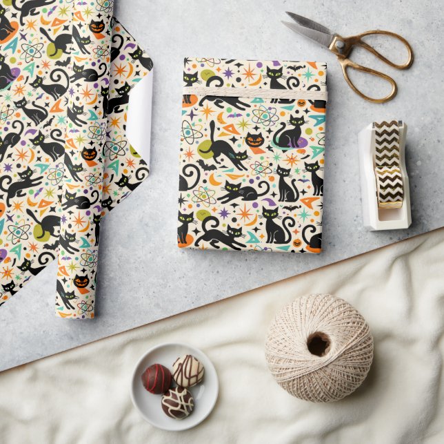 Papel De Presente Atomic Black Cats Halloween (Artesanato)