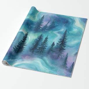 Papel De Presente Aurora Boreal Floresta em Aquarela (1)